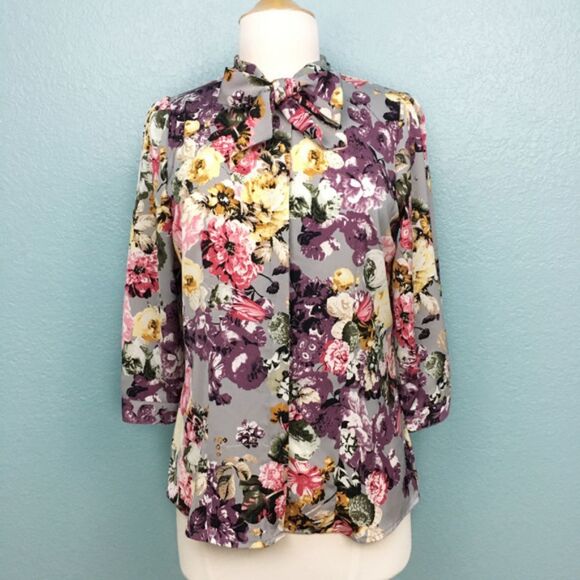 OVS Tops - OVS Floral Tie Neck Button Down Blouse